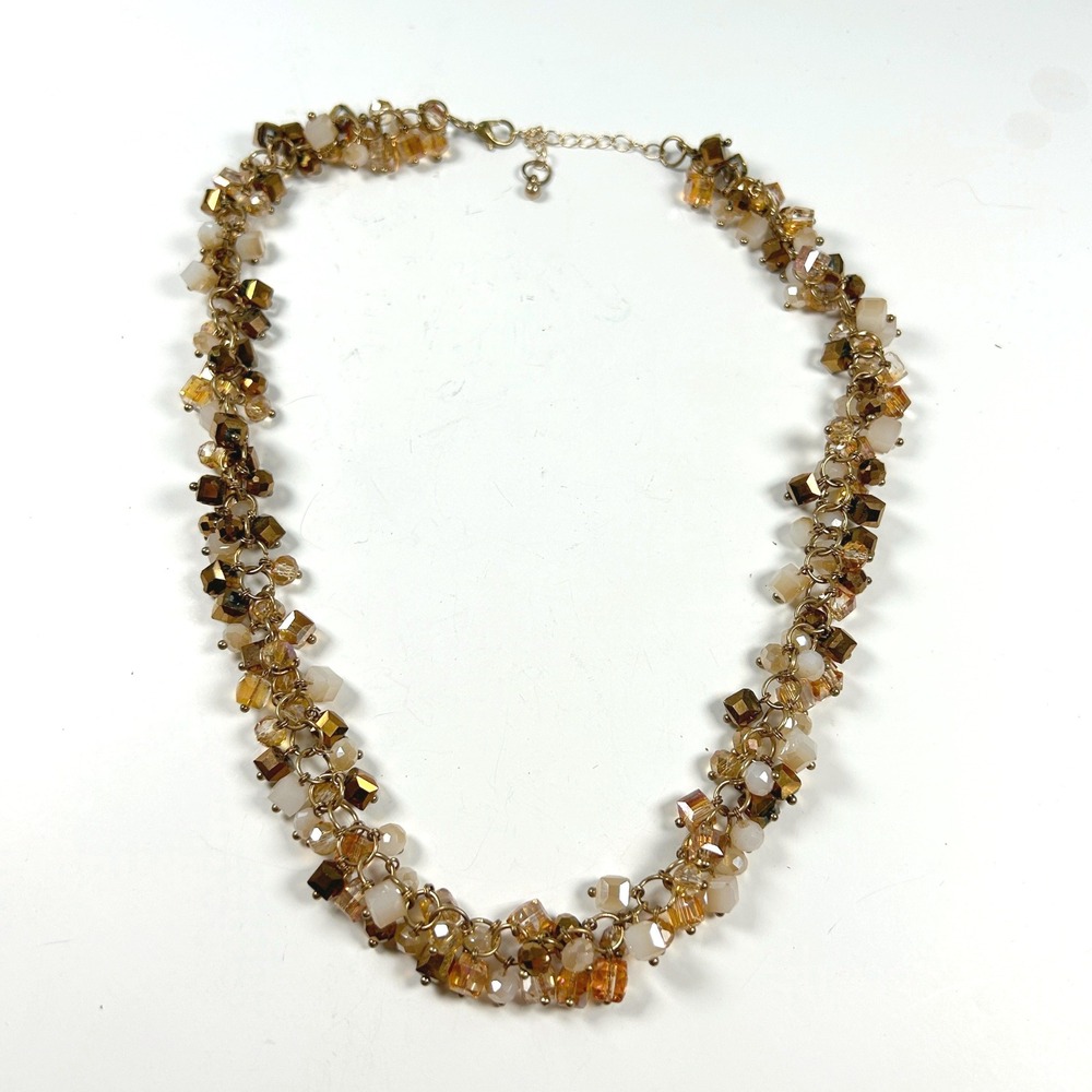 Y2K Crystal Bead Cluster Necklace Bronze Brown Gold Topaz 20" Vintage Statement
